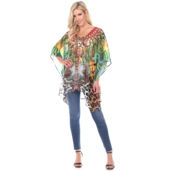 Women's Animal Print Caftan with Tie-up Neckline - One Size Fits Most - White Mark image {4}