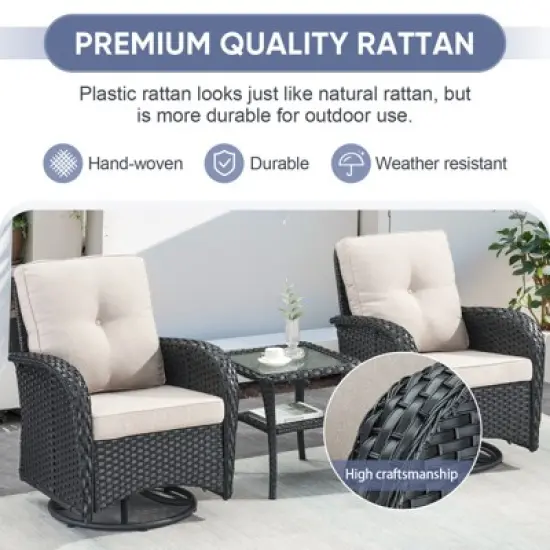 POCASSY Black Wicker Patio Furniture Set Outdoor Swivel Rocker Patio Glider Chairs Set of 2 with Side Table for Porch Balcony in Beige Cushion image {4}