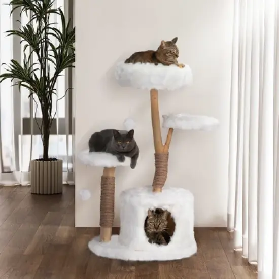 Sevobal Pet Tower Modern Cat Tree, Natural Branch Cat Tower, Luxury Cat Condo, Indoor Cat Furniture, Kitten Cat Gift, White, 34"*17.72"*41.73" image {1}
