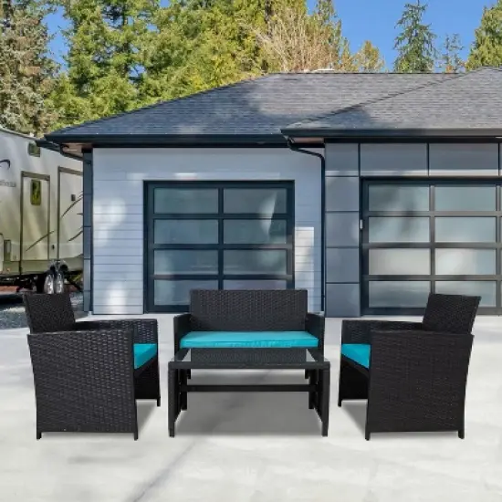 FIONECA Deluxe 4-Piece Patio Furniture Set &uml;C Black Rattan Outdoor Conversation Set with Light Blue Cushions & Table image {4}