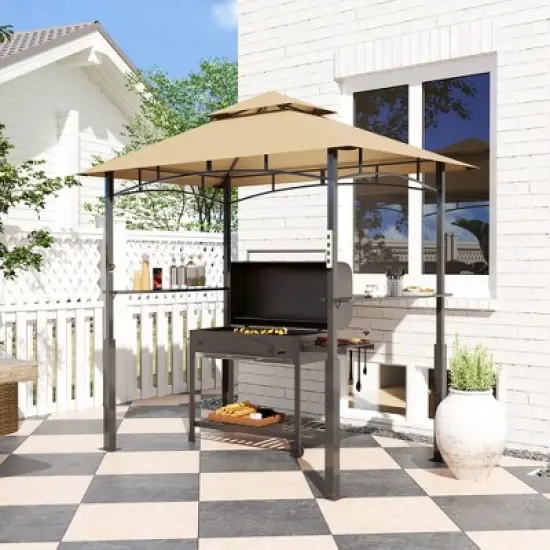 Outsunny 8' x 5' Grill Gazebo, Double Tiered Outdoor BBQ Gazebo with LED Light, 2 Side Shelves, Hooks and Bottle Opener for Patio Yard image {1}