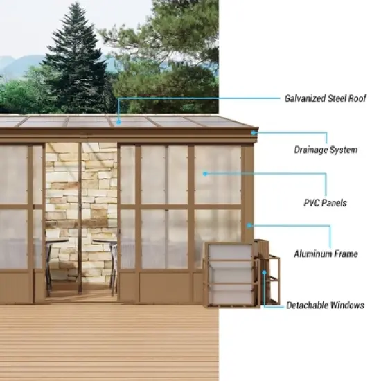 Mondawe Lean to Sunroom 10x14FT, Wall Mounted Solarium with Sloping Polycarbonate Roof, Detachable Screens and 2 Lockable Sliding Doors image {6}