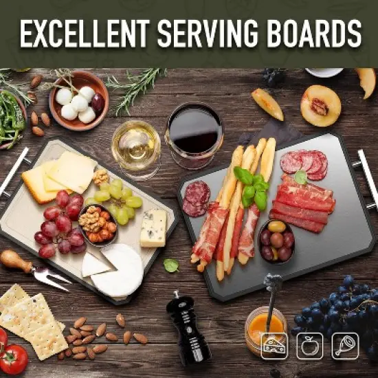 Attop Double Sided Steel Cutting Board Set for kitchen,Stainless Steel/Wheat straw pp Large for meat,Dishwasher Safe [16 * 11+12 * 8.3 Inch] image {1}