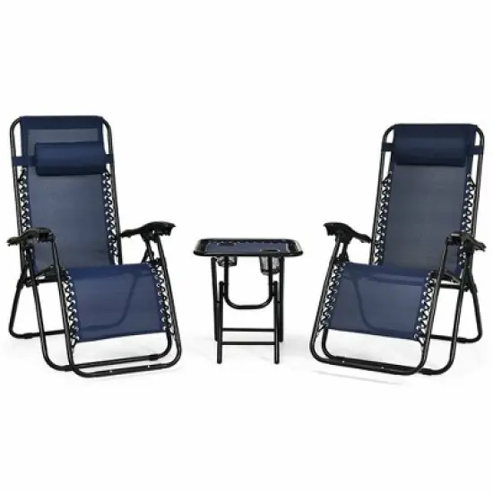 Costway 3PCS Zero Gravity Recliner Lounge Chairs Pillows Table Portable Folding Navy image {3}