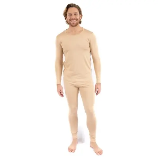 Leveret Mens Two Piece Neutral Solid Color Thermal Pajamas image {4}