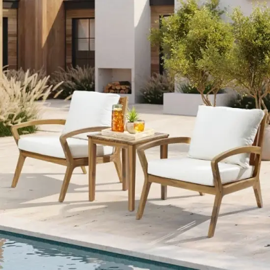 LuxenHome Outdoor Acacia Wood Side Table and Set of 2 Armchairs with White Cushions image {3}