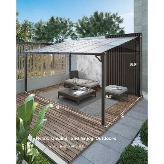 12' x 16' Lean to Hardtop Gazebo, Wall-Mounted Pergola with Polycarbonate Roof, Heavy Duty Aluminum Awnings for Patio, Deck, Porch, Backyard, Garden image {4}