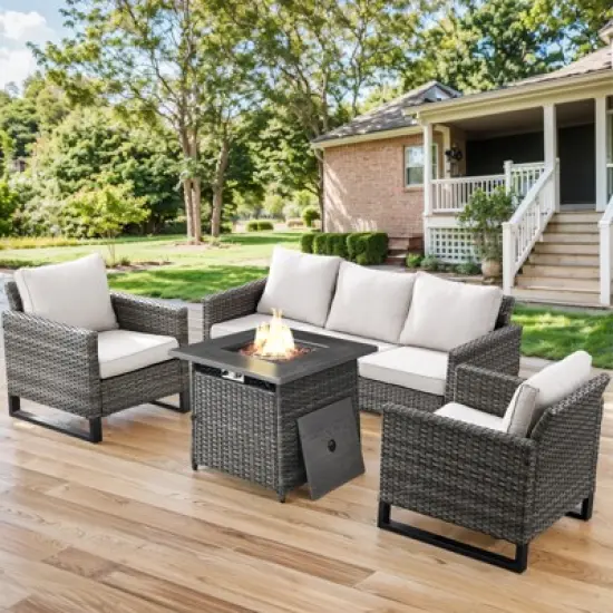 Buenhomino Patio Wicker Furniture Set with Fire Pit Table, PE Rattan Swivel Patio Chairs with Propane Fire Pit Table, 5 Pieces Patio Conversation Set image {8}