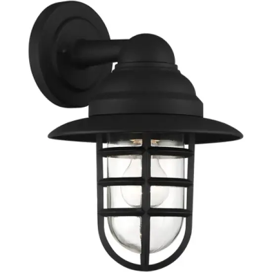 John Timberland Marlowe Rustic Industrial Outdoor Wall Light Fixtures Set of 2 Black Hooded Cage 13" Clear Glass for Post Exterior Barn image {4}