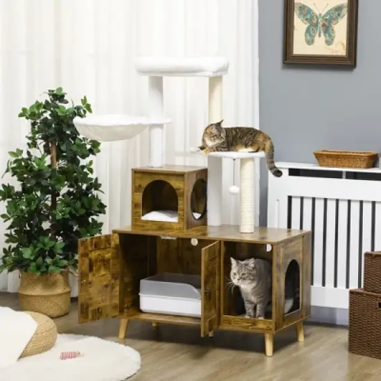 YOOCOZZ PawHut Cat Tree with Litter Box Enclosure, 2-in-1 Cat Tower Litter Box Furniture Indoor, Cat Condo with Hammock and Scratching Posts Pad-Brown image {6}