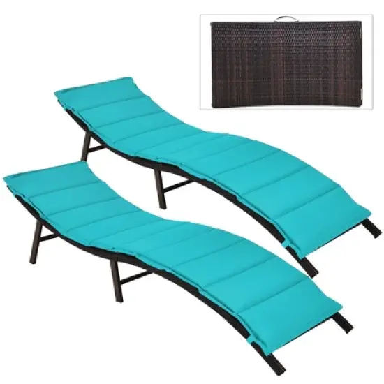 Costway 2PCS Patio Rattan Folding Lounge Chair Chaise Double Sided Cushion Turquoise image {3}