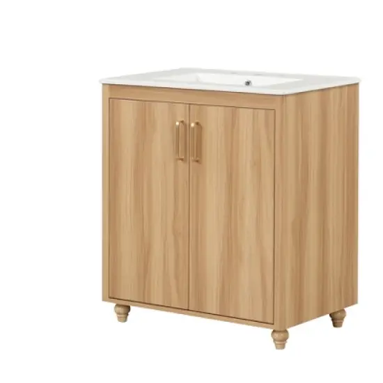 30"W Bathroom Vanity with Sink, Multi-Functional Bathroom Cabinet with Storage Rack and Functional Drawer with Slides, Natural-ModernLuxe image {8}