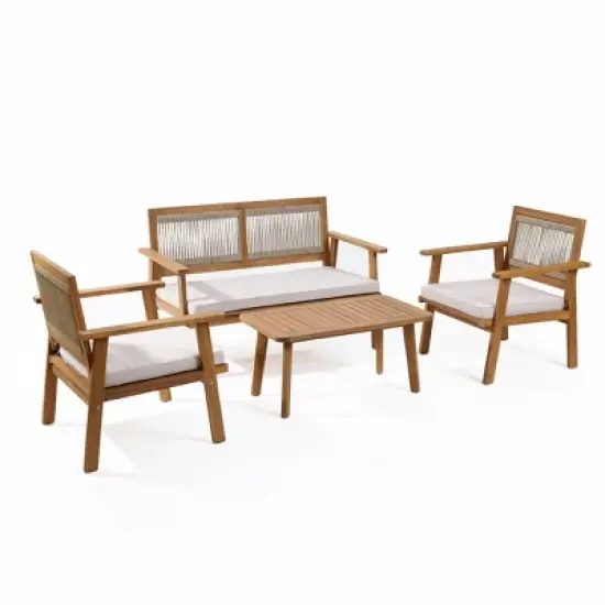 LuxenHome Outdoor Acacia Wood Rope Back 4-Piece Patio Seating with Cushions and Coffee Table Set image {11}
