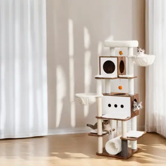 LEDREM 64.5-Inch Cat Tree Tall Cat Tower for Large Indoor, Multi-Level Cat Condo with 2 Hammocks, 4 Scratching Posts, Cat Houses, Rustic Brown image {2}