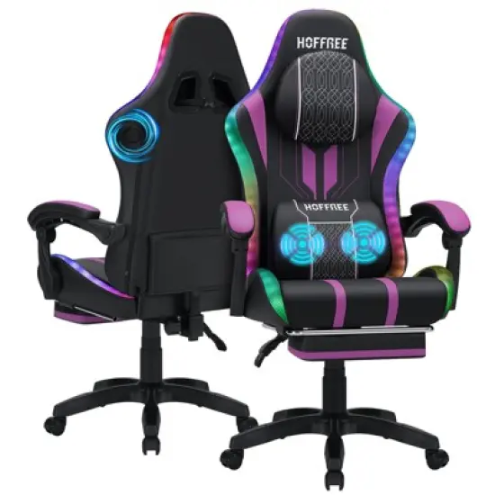 Hoffree Extra Large Massage Gaming Chair Ergonomic Office PC Chair with Bluetooth Speaker & RGB Light image {14}