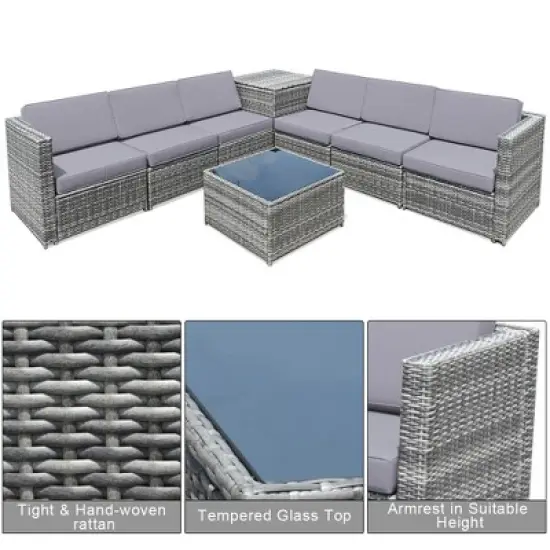 Tangkula Set of 8 Gray Rattan Wicker Sofa & Table Outdoor Cushioned Sectional Patio Furniture image {9}