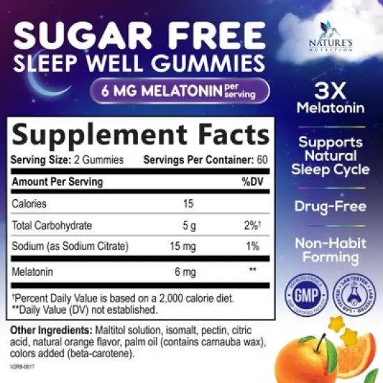 Melatonin Sleep Gummies Sugar Free, 6 mg Natural Melatonin Sleep Adults, Extra Strength Sleep Gummy Supplements - 120 Gummies By Nature's Nutrition image {1}