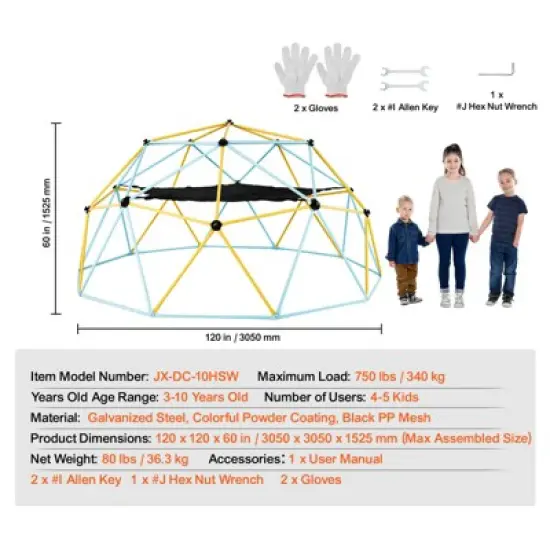 VEVOR Climbing Dome, for Kids 3 to 10 Years Old,10FT Geometric Dome Climber with Hammock and Swing,  Jungle Gym Supports 750LBS and Easy Assembly image {7}