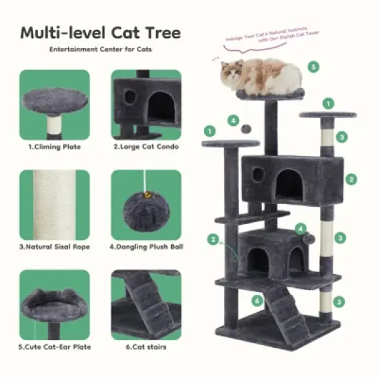 Etelifrank Tall Cat Tree with Condo and Playroom - 54-Inch Multi-Level Indoor Cat Tower image {2}