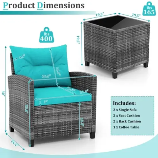 Tangkula 3 Pieces Patio Bistro Set Outdoor PE Rattan Conversation Chair Set with Tempered Glass Side Table and Removable Cushions Turquoise image {7}