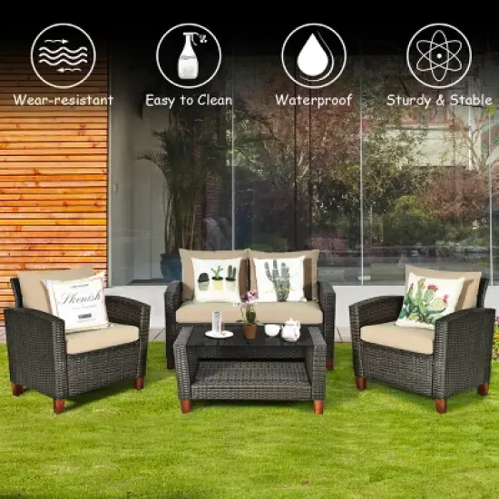 Costway 4PCS Patio Rattan Furniture Set Solid Wood Leg Cushioned Sofa Garden Lawn image {4}