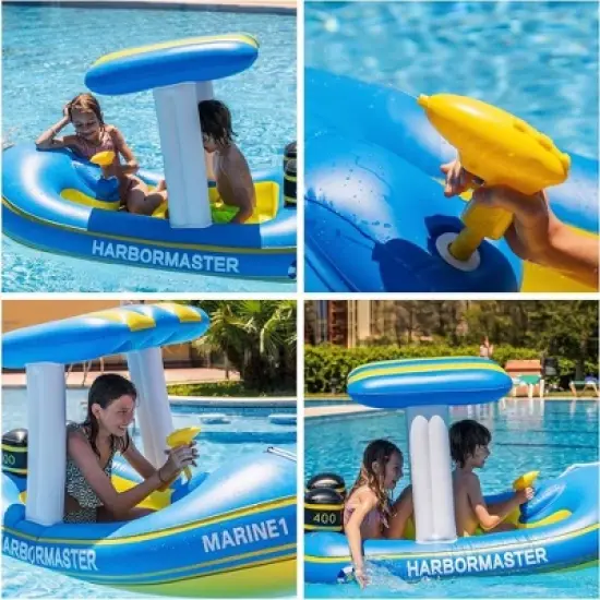 Zone Tech Inflatable Patrol Boat Pool Float Ride On with Fun Constant Flow Water Squirter for Kids Cool Retro Style for Beach Ocean Pool Lake image {6}