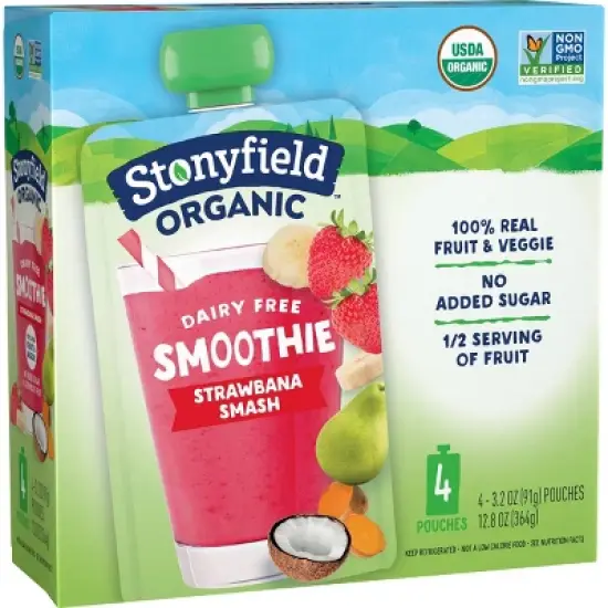Stonyfield Organic Strawbana Smash Kids' Dairy Free Smoothie - 4ct/3.2oz Pouches image {6}