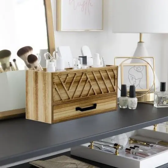 Blu Monaco Natural Wood Desktop Pen Organizer with Drawer image {1}