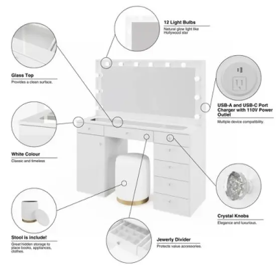 Leila Lighted Makeup Vanity - Boahaus image {14}