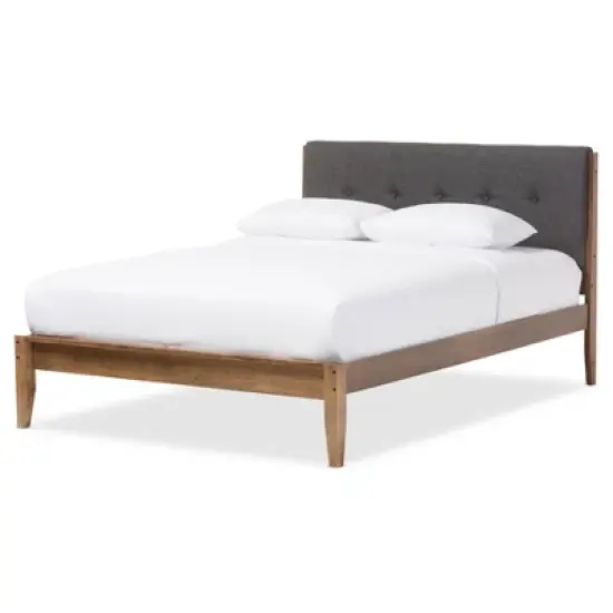 Leyton Mid-Century Modern Fabric Upholstered Platform Bed Gray/Walnut Brown - Baxton Studio image {4}