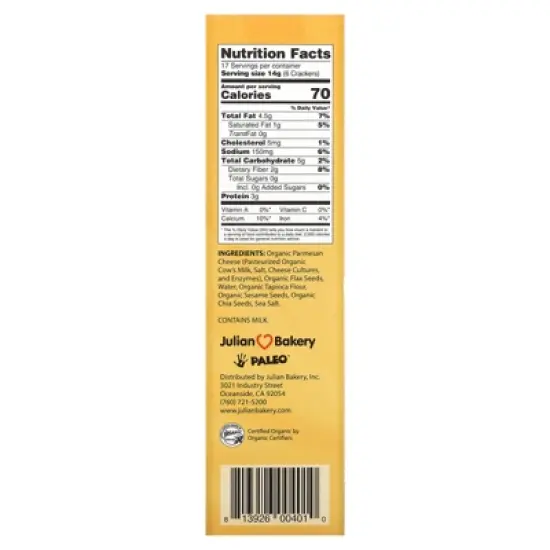 Julian Bakery Primal Thin Crackers, Organic Parmesan, 8.4 oz (238 g) image {1}
