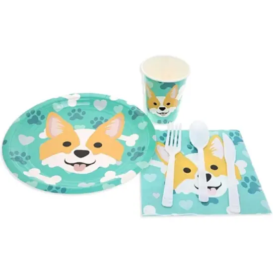 Blue Panda 144 Piece Puppy Dog Party Supplies, Corgi Birthday Decorations with Paper Plates, Napkins, Cups, and Cutlery (Serves 24) image {3}