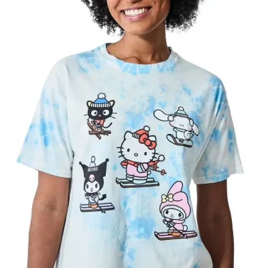 Hello Kitty & Friends Characters Skiing Women's Blue Cloud Wash Crew Neck Short Sleeve T-shirt image {1}