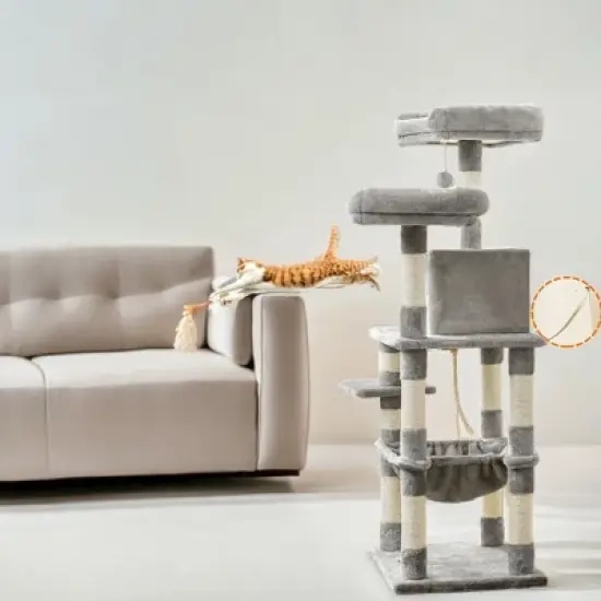 56.3in Cat Tower for Large Cats Indoor Cat Tree Cat Condo with Scratching Posts, Hammock, Plush Perch, Cat Furniture image {4}