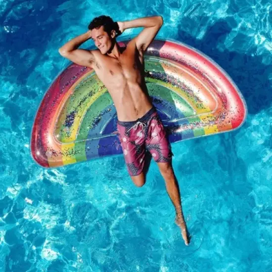 PoolCandy Inflatable Rainbow Half Island Glitter Pool Float  Ultra Durable Sun Tan Fun Great For Pools, Lakes, And More image {1}
