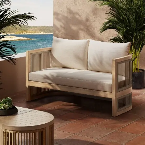 Christopher Knight Home Bonita 54" Outdoor Acacia Wood Upholstered Loveseat with Curved Rope Weave Back image {9}