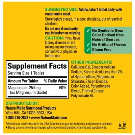 Nature Made Magnesium 250mg Muscle Bone Nerve and Heart Health Tablets - 100ct image {2}