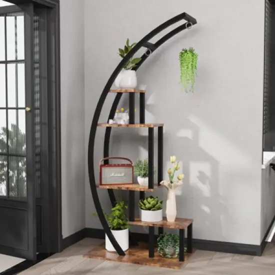 5 Tier Tall Metal Indoor Plant Stand, Half Moon Shape Garden Plant Holder, Round Flower Shelf Rack with 4 Hanging Hooks for Home image {4}