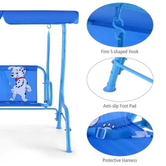 Tangkula Kids Patio Porch Bench Swing w/ Safety Belt Canopy Outdoor Furniture Blue image {4}