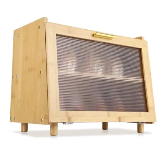 Bread Box, Double Layer Bamboo Kitchen Countertop Storage - Farmhouse Container with Window, Large Capacity for Bread, Rolls (Natural & Gold) image {5}