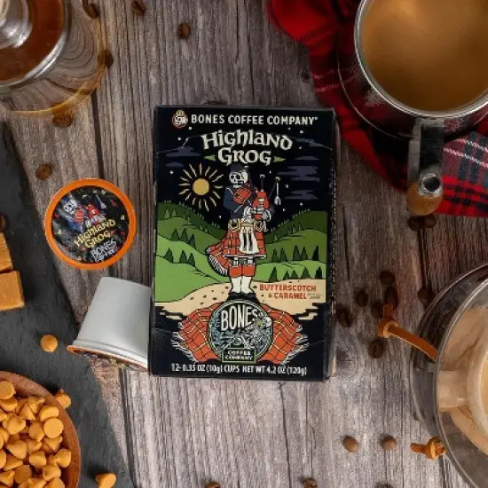 Bones Coffee Company Highland Grog Butterscotch Caramel 12 ct Single-Serve Bones Cups Coffee Pods Compatible with Keurig Coffee Maker image {2}