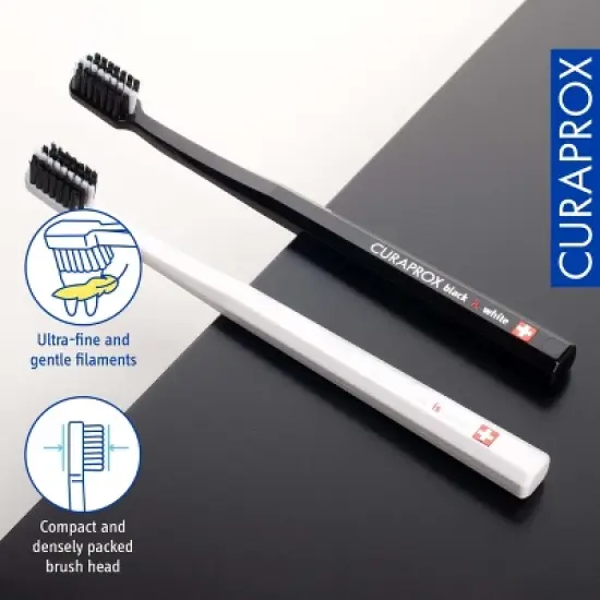 Curaprox White Edition Set &ndash; Extra Soft Black/White Toothbrush (2-Pack), Black Is White Toothpaste 90 ml, White Toothbrush Holder image {2}