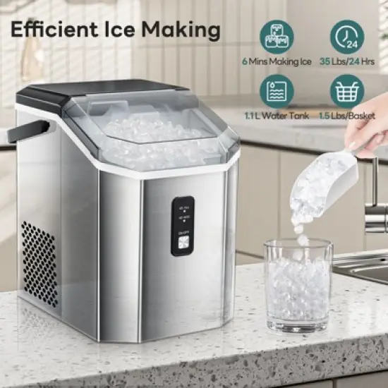 R.W.FLAME Nugget Ice Maker Countertop, Portable Ice Maker Machine with Handle, Self-Cleaning, with Ice Scoop and Basket, Stainless Steel Silver image {3}
