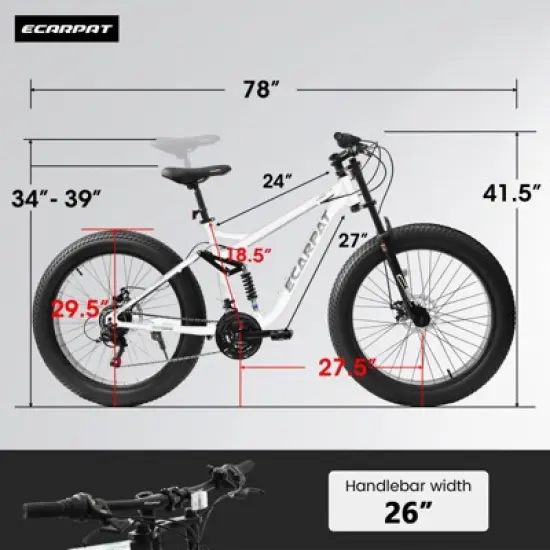 INFURNIC Bicycles 26 Inch Full Suspension Mountain Bike with Shimano 21 Speeds and Fat Tires for Men, White, 56.3"*7.88"*28.35" image {4}