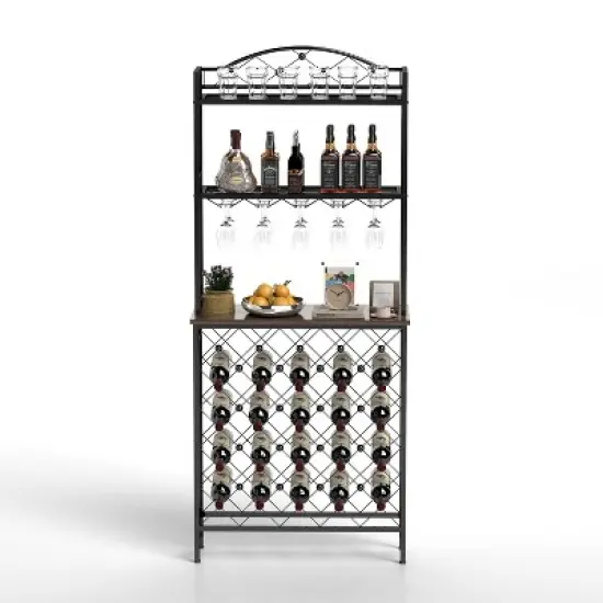 DOMETOUR Industrial Wine Rack Bar Table, 3-Tier Liquor Bottle and Glass Holder with Storage, Metal & Wood Organizer for Home Kitchen & Dining Room image {12}