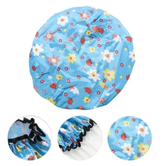 Unique Bargains Women Double Layer Small Flowers Shower Cap Blue 1 Pc image {2}