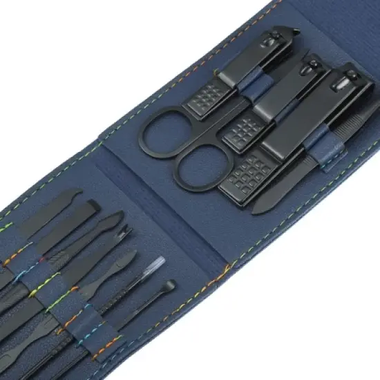 Unique Bargains Stainless Steel Pedicure Nail Clippers Scissors Tool Set for Men Women Black with Blue PU Leather 12 Pcs image {2}