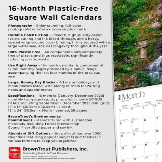 BrownTrout New York Wild and Scenic 2026 12"x24" Hanging Square Wall Calendar Plastic-Free image {5}