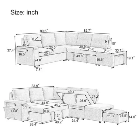 NicBex Couches for Living Room L-shaped Sectional Sofa Upholstered Sofa Couch with Storage Space,  USB Ports, and Cup Holders on the Armrests image {2}