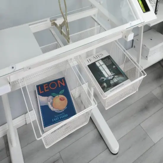 Gulches White Hand Crank Adjustable Drafting Table with 2 Metal Drawers Stool 5mm Tempered Glass Top 75 105cm Height image {4}